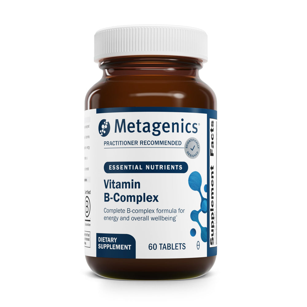 Metagenics Vitamin B-Complex bottle highlighting active B6, B12 and folate