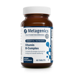 Metagenics Vitamin B-Complex bottle highlighting active B6, B12 and folate
