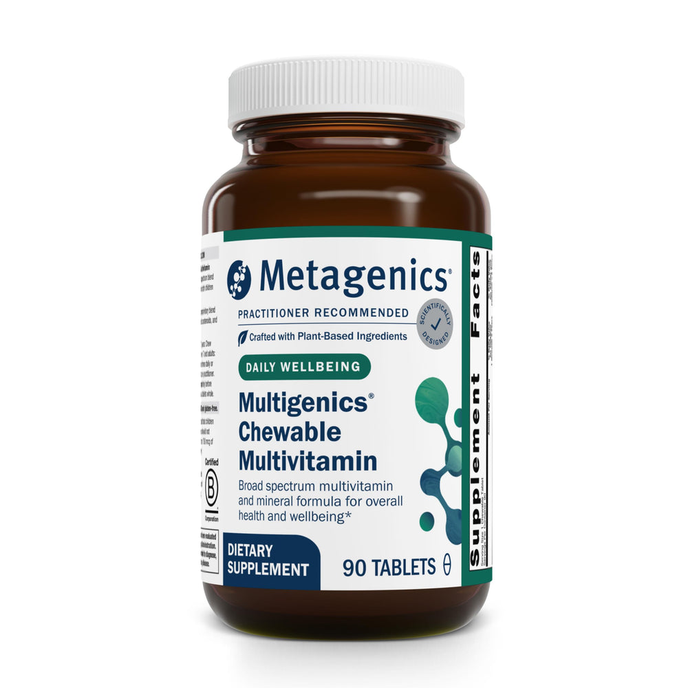 Front view of Metagenics Multigenics Chewable Multivitamin orange flavor bottle