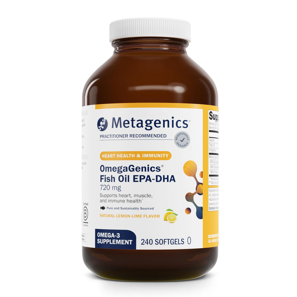 Metagenics OmegaGenics Fish Oil bottle - front view