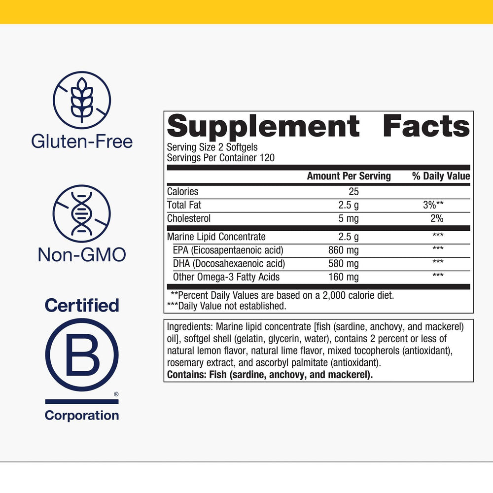 OmegaGenics Fish Oil label highlighting EPA and DHA 720 mg