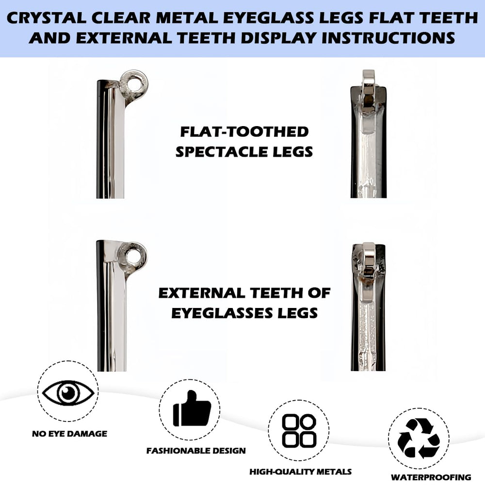 Extended black eyeglass replacement arm showing length and hinge