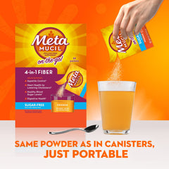 Metamucil smooth-texture powder dissolves quickly in beverages.