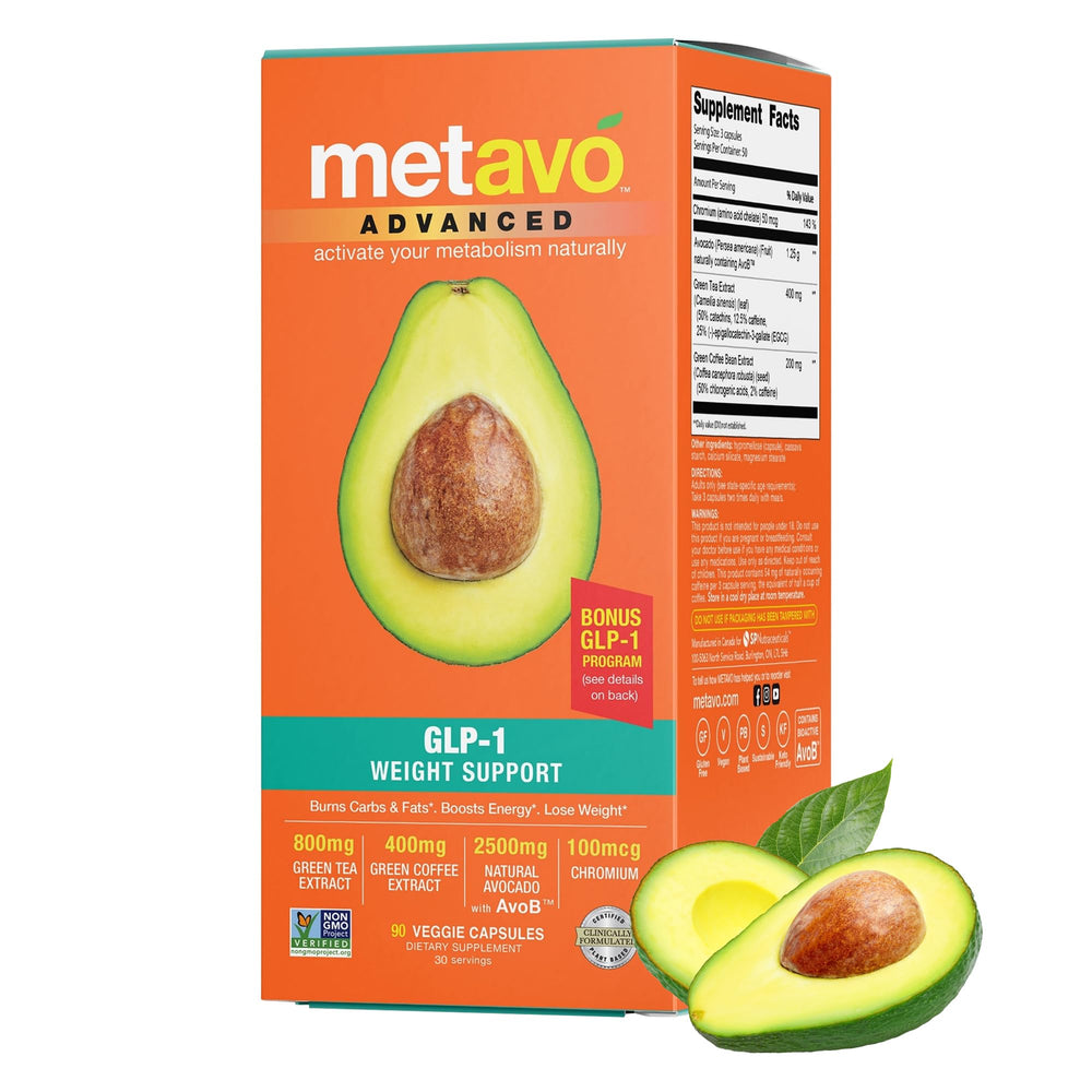 Metavo Advanced Weight Support capsules closeup shows smooth vegan pills for convenient daily use.