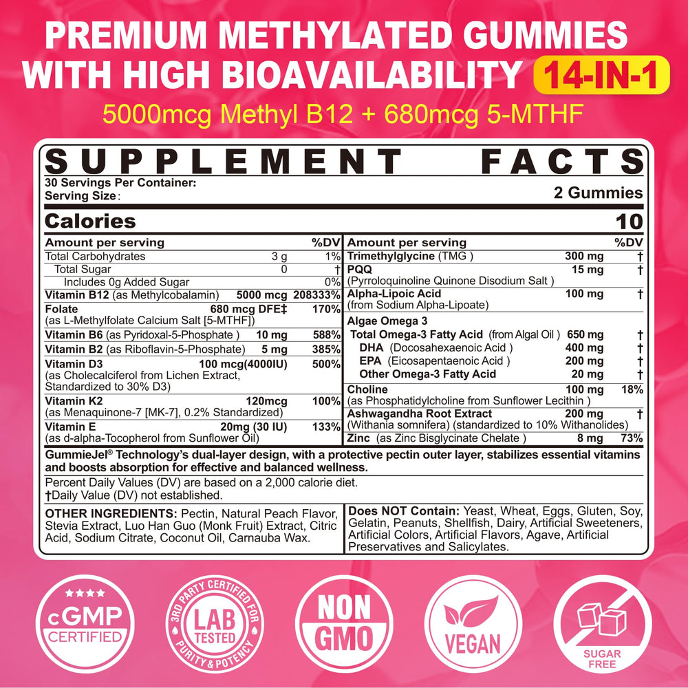Packshot of Lilicare Methylated B12 and Folate gummies bottle 60ct