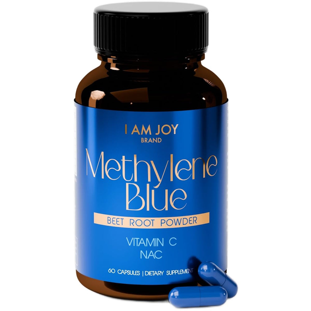 Blue Methylene Blue capsules in bottle labeled USP Pharma Grade with NAC and Vitamin C