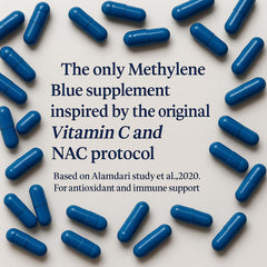 Bottle of Methylene Blue with NAC, Vitamin C and Beet Root ingredients text