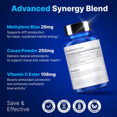 Packaging highlighting USA made and 99.9% USP grade methylene blue