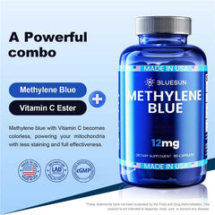 Packaging showing Methylene Blue capsules and USA manufacturing claim