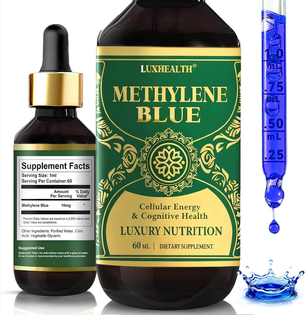 Front view of Methylene Blue Drops 1% bottle with label