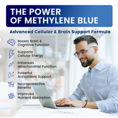 Close-up of Methylene Blue Drops bottle label showing 99.99% USP Grade