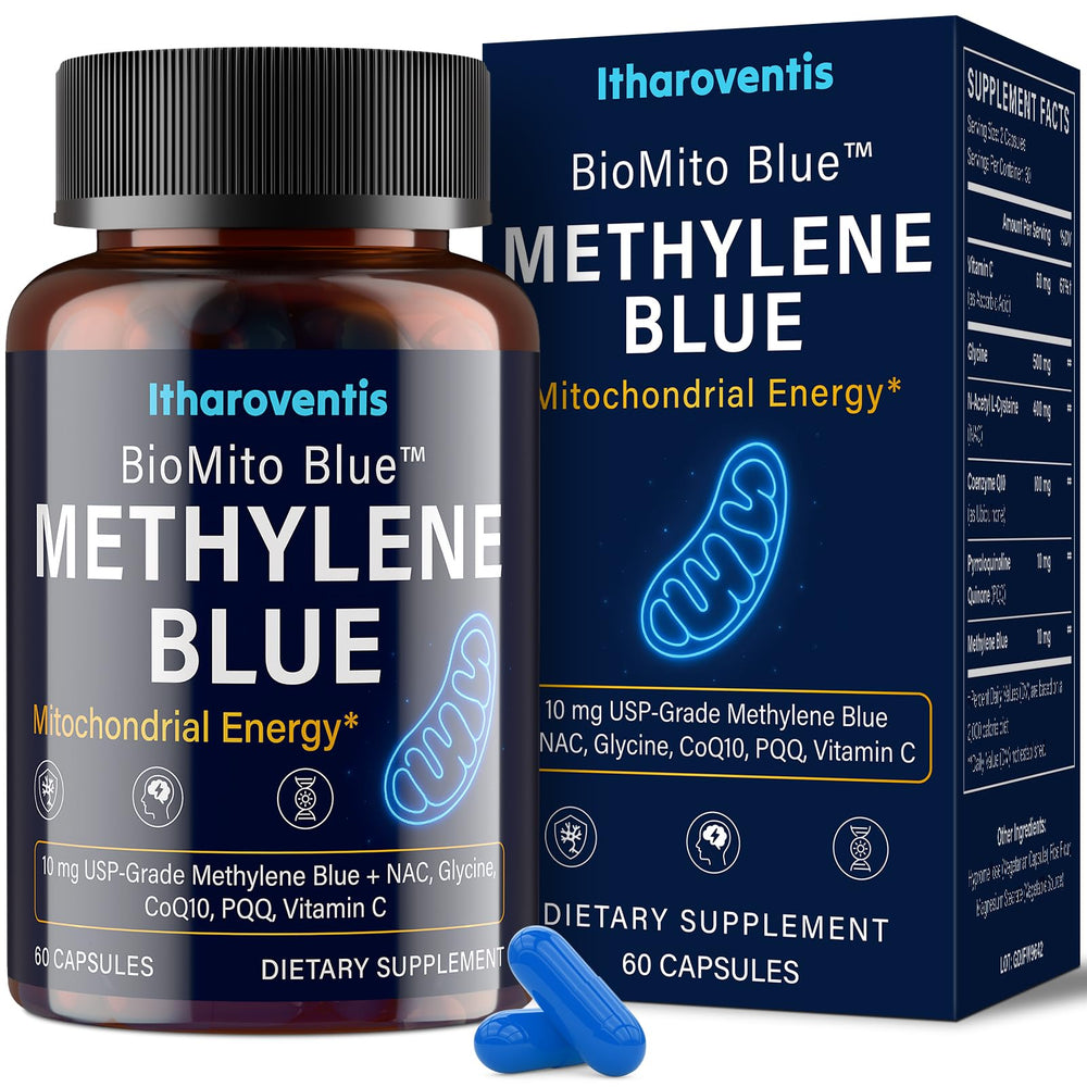 Bottle of Methylene Blue Pharmaceutical Grade Capsules with label