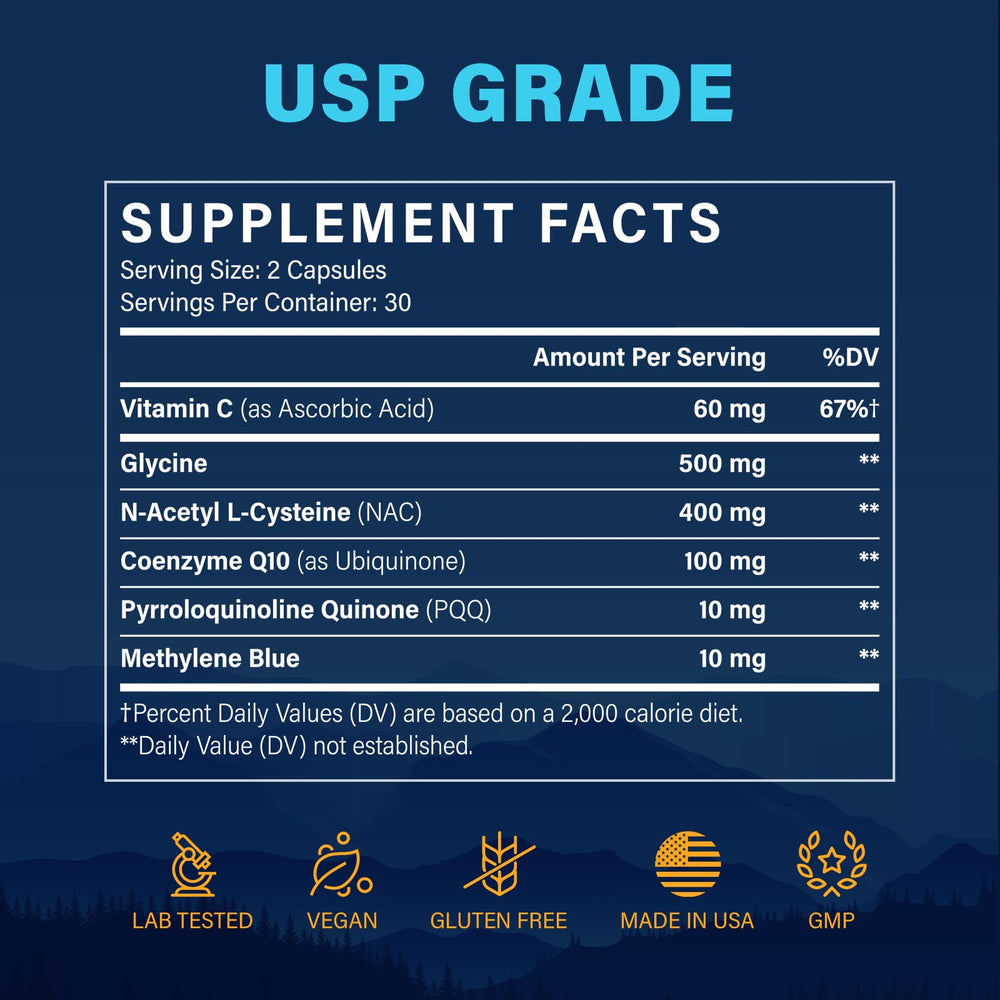 Close-up of blue Methylene Blue capsules