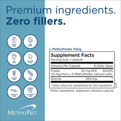 Allergen-free badge on MethylPro L-Methylfolate 15 mg bottle