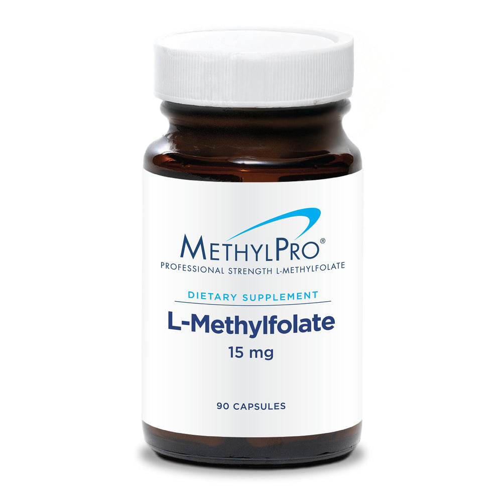 Front view of MethylPro L-Methylfolate 15 mg bottle – 90 capsules