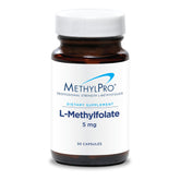 Front view of MethylPro L-Methylfolate 5 mg bottle and packaging