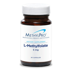 Front view of MethylPro L-Methylfolate 5 mg bottle and packaging