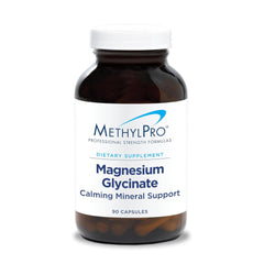 MethylPro Magnesium Glycinate bottle label highlighting 125 mg magnesium bisglycinate and vitamin C