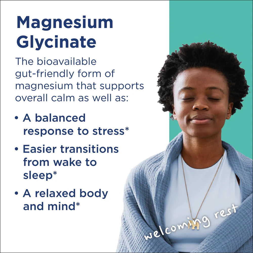 Graphic illustrating benefits for sleep and calm from magnesium glycinate