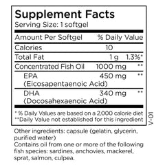 Close-up of the EPA 450 mg and DHA 340 mg per softgel label