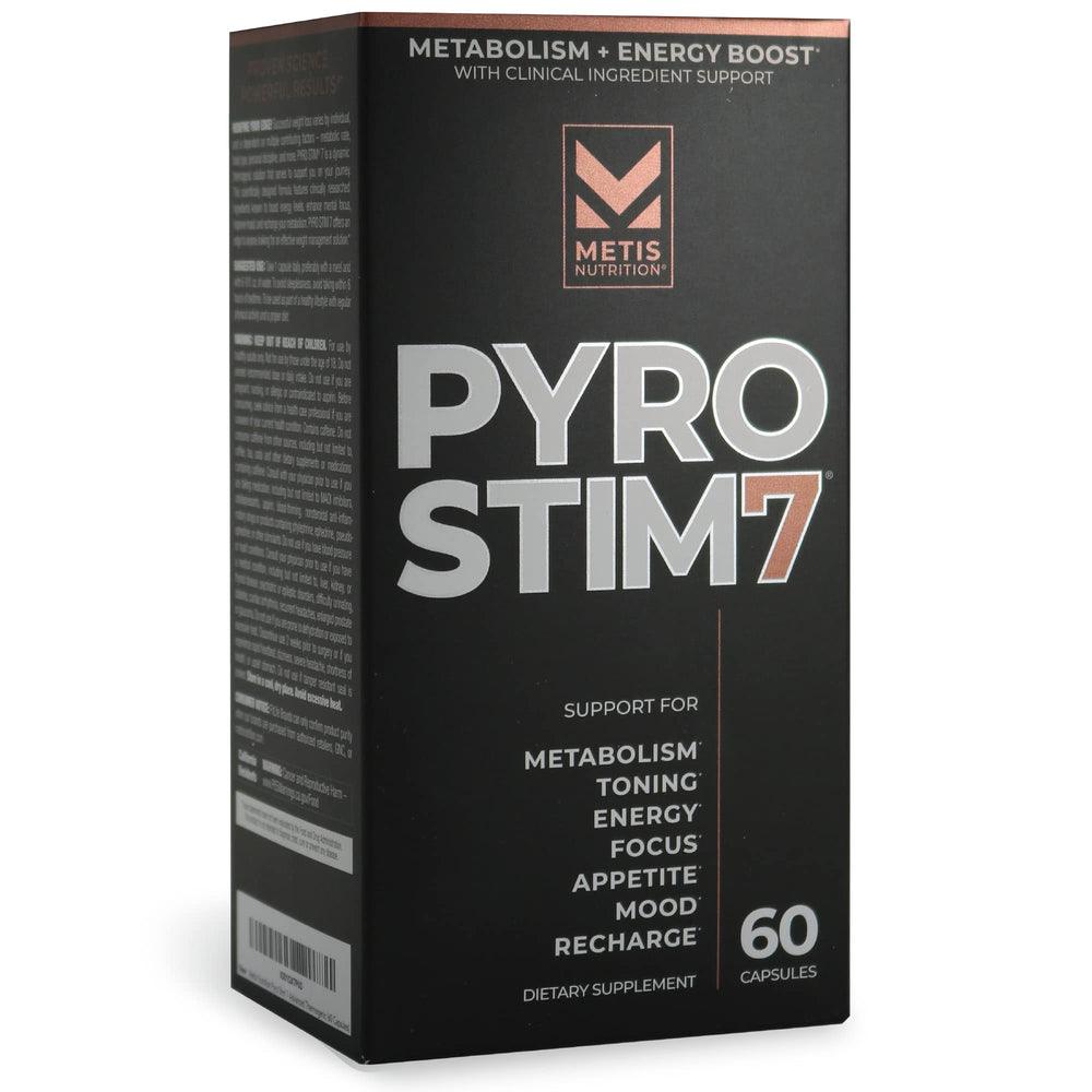 METISNutrition Pyro Stim 7 bottle front highlights daily energy support.