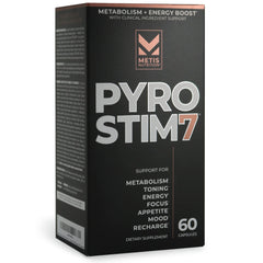 METISNutrition Pyro Stim 7 bottle front highlights daily energy support.