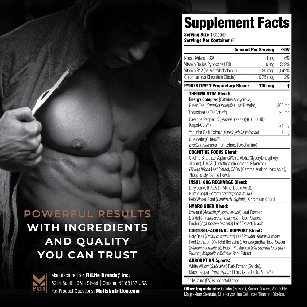METISNutrition Pyro Stim 7 capsules close-up shows a simple one-per-day serving.