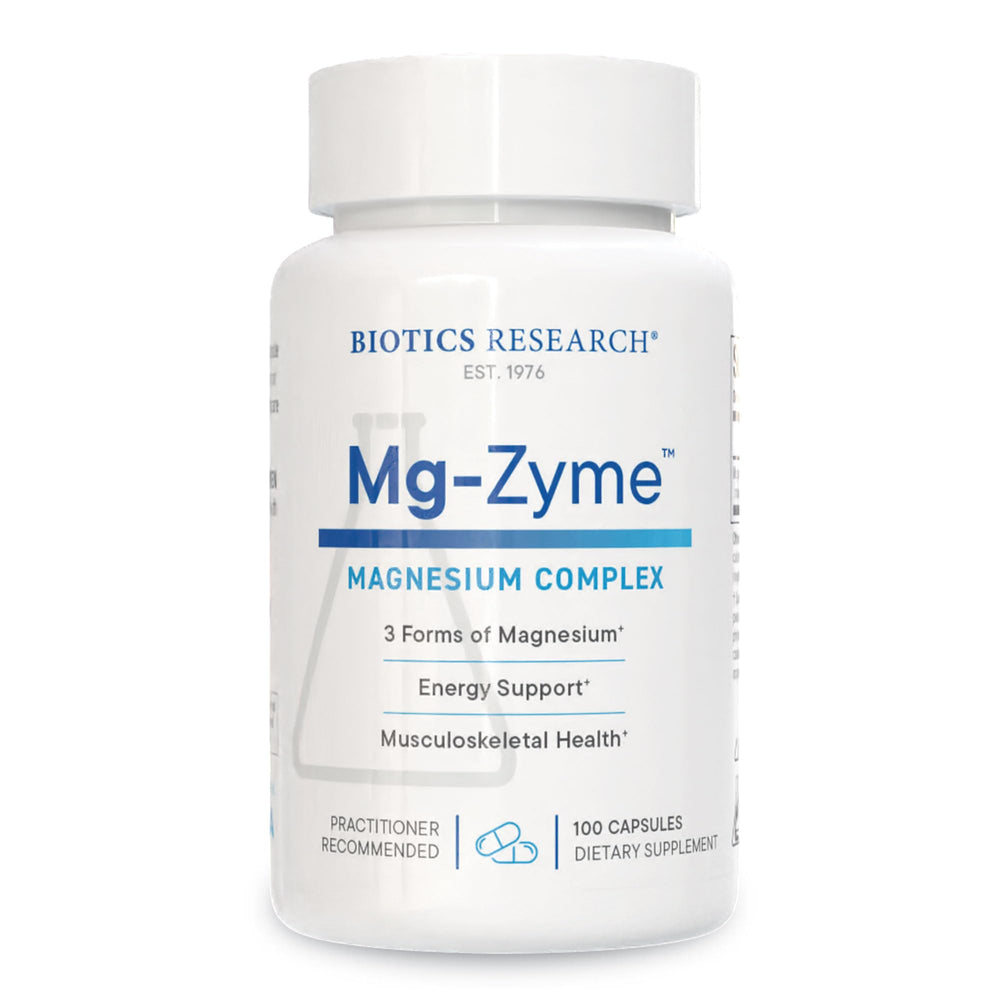 Mg-Zyme triple magnesium complex bottle label with 100 capsules