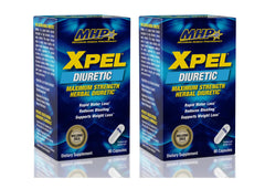 MHP Xpel bottle front view highlighting a potent diuretic formula for temporary water balance.