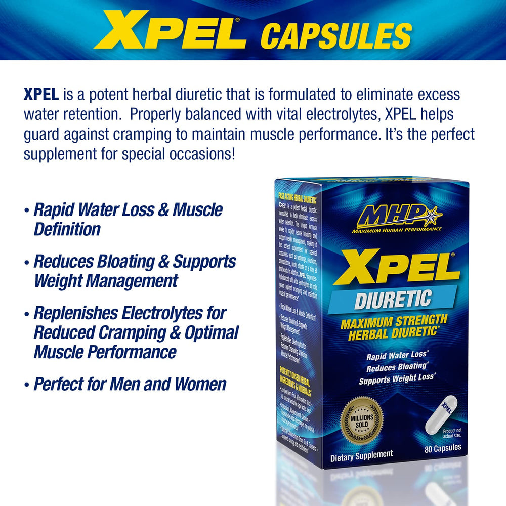 MHP Xpel bottle side label showing ingredients and electrolyte balance for muscle support.