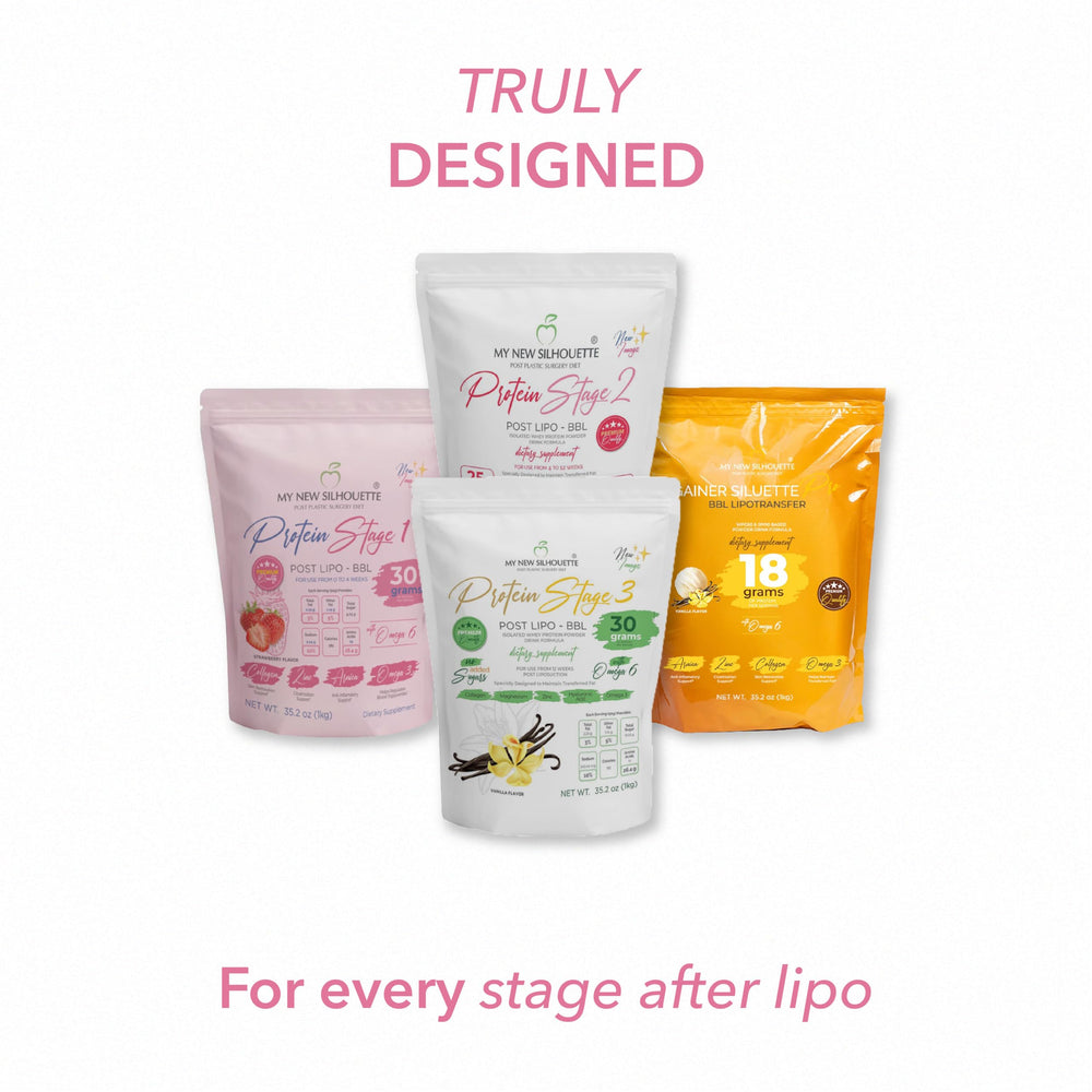 MI NUEVA SILUETA Stage 1 packaging designed for post-surgery nutrition.