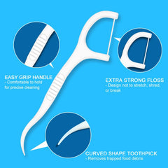 Close-up of floss with easy-grip handle and pointed toothpicks