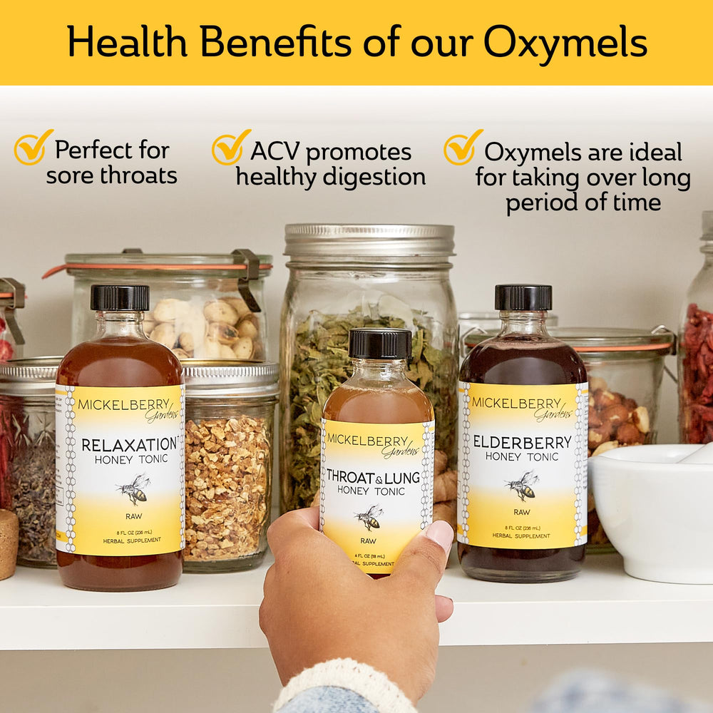 4 oz bottles in a 2-pack box for Mickelberry Gardens Throat & Lung Honey Tonic