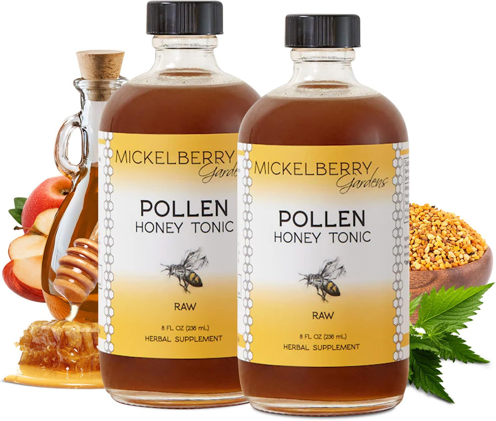 Front view of Mickelberry Gardens Pollen Honey Tonic 8 oz pack (2 bottles)