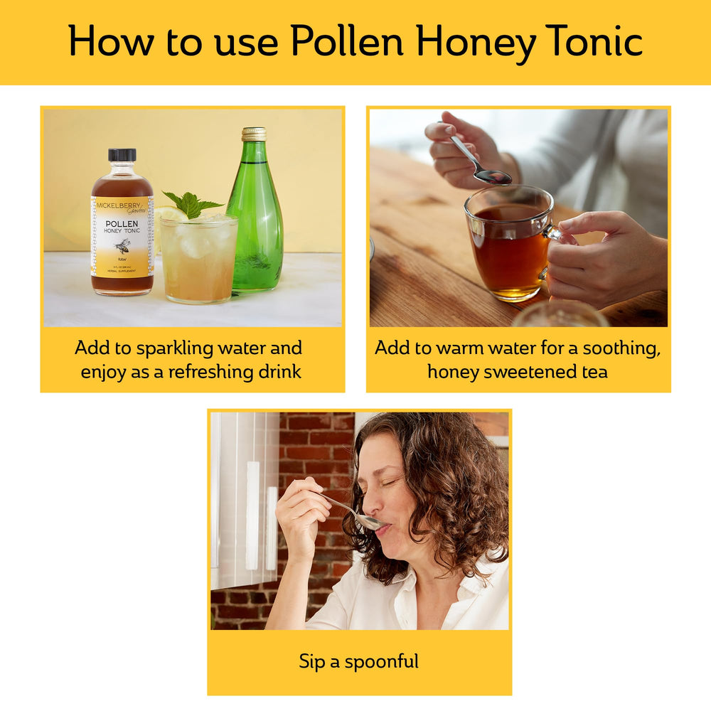 Close-up of oxymel ingredients: bee pollen, stinging nettle, raw honey