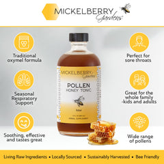Close-up of the Mickelberry Gardens Pollen Honey Tonic label