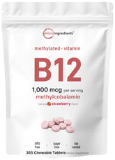 Front view of Micro Ingredients Vitamin B12 1,000 mcg methylcobalamin strawberry-flavored chewable tablets