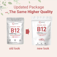 Packaging image showing 365 chewable strawberry B12 tablets