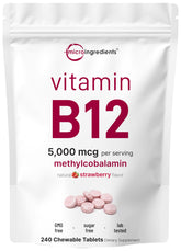 Front view of Micro Ingredients Vitamin B12 5,000 mcg strawberry chewables bottle