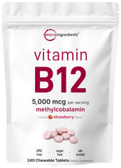 Front view of Micro Ingredients Vitamin B12 5,000 mcg strawberry chewables bottle