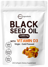 Bottle of Micro Ingredients Black Seed Oil 2000 mg with Vitamin D3 1000 IU, 240 softgels