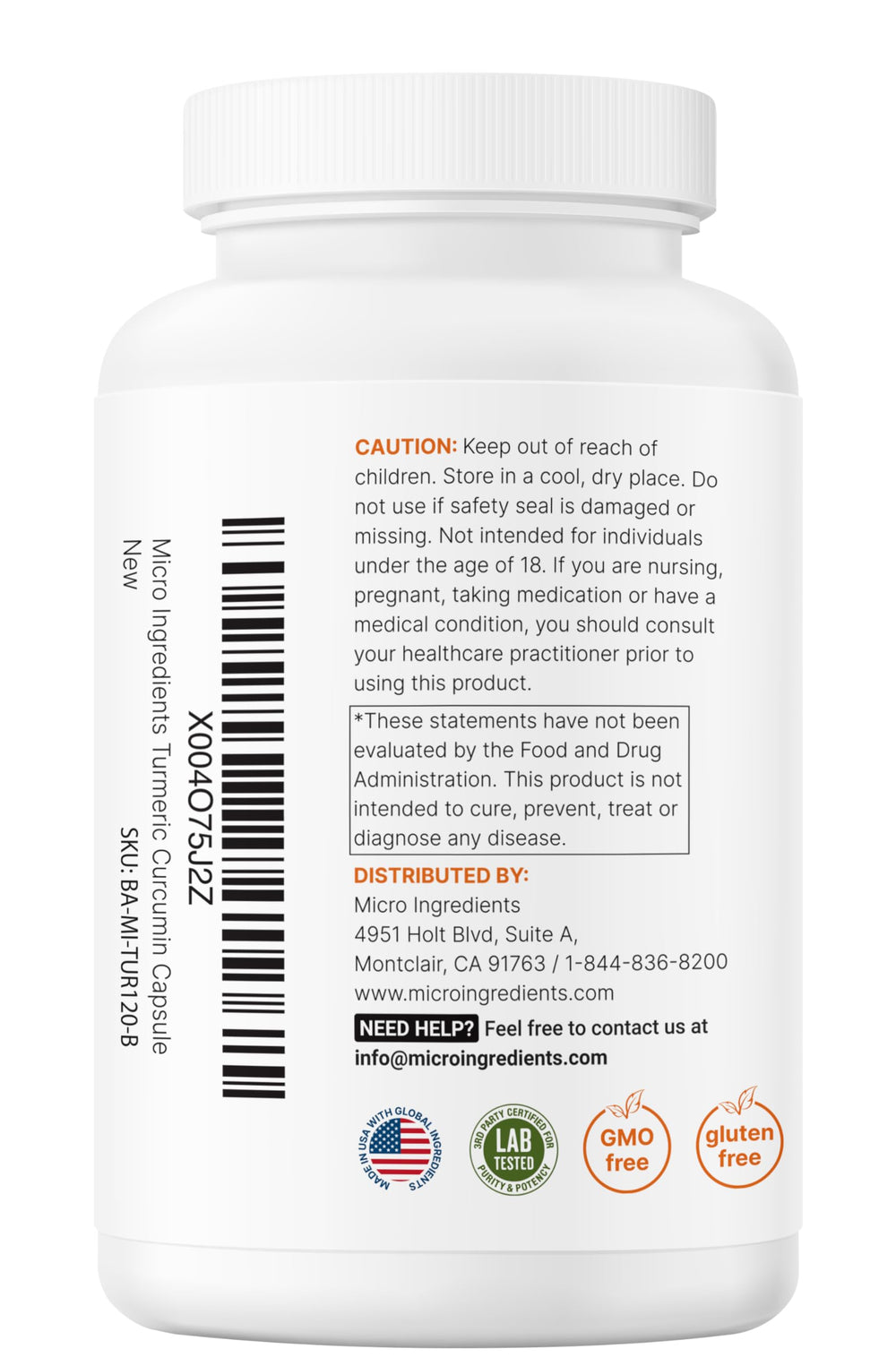 Nutritional label close up highlighting 95 percent curcuminoids and 1,000mg per serving.