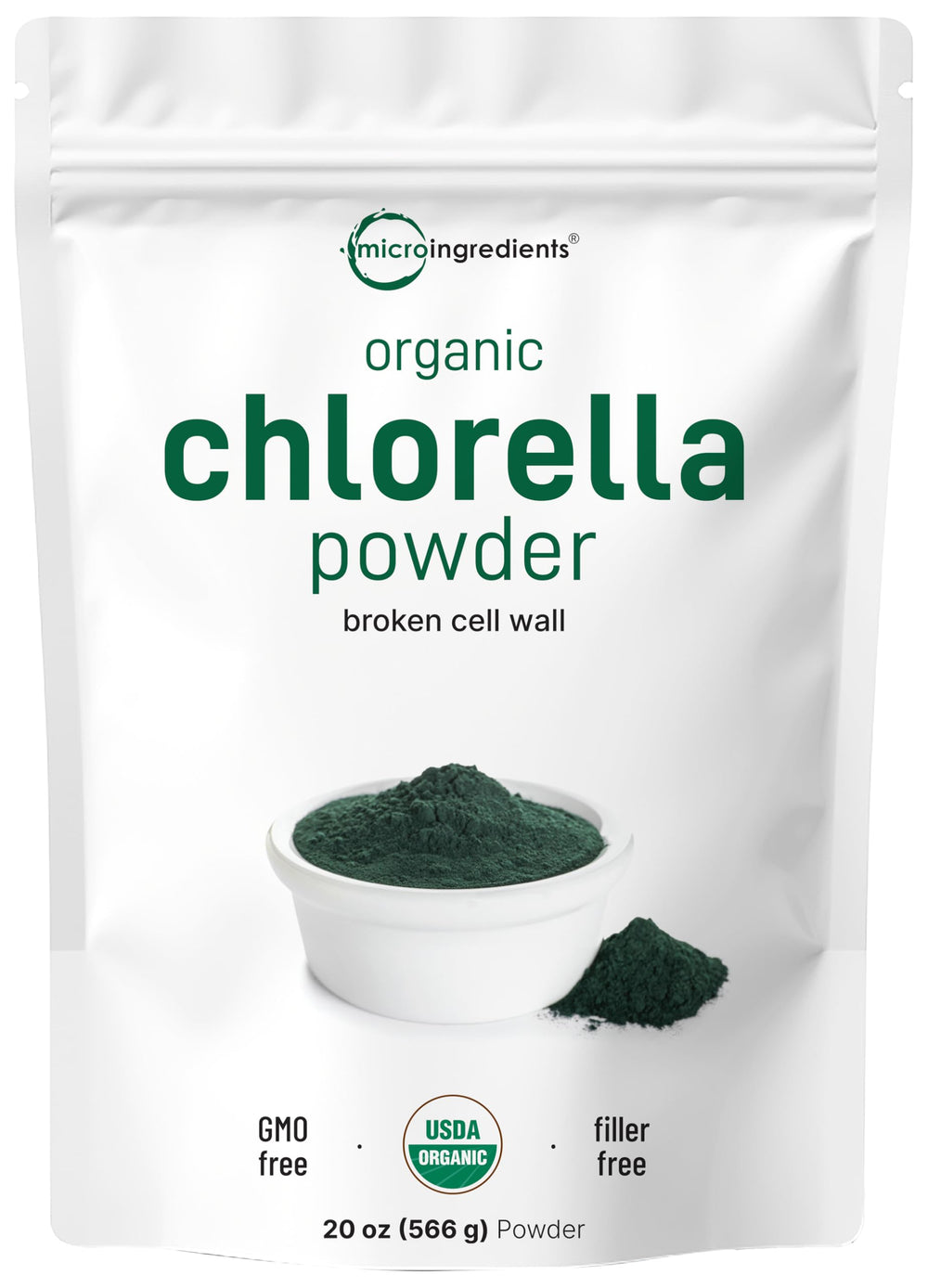 Front view of Micro Ingredients Organic Chlorella Powder 20oz pouch