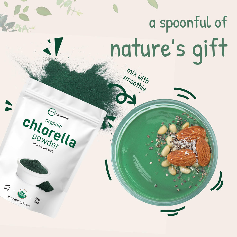 Lifestyle image showing chlorella powder in a shaker bottle