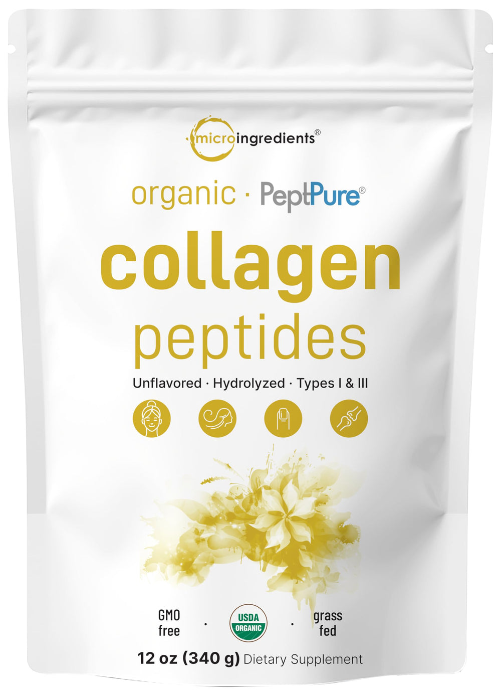 Front view of Micro Ingredients Organic Collagen Peptides Powder 12oz
