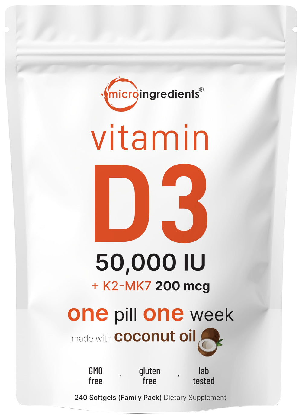 Front view of Micro Ingredients Vitamin D3 50,000 IU + K2 MK-7 200 mcg softgels in a bottle