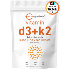 Front view of Micro Ingredients Vitamin D3 5000 IU + K2 MK-7 100 mcg 300 softgels