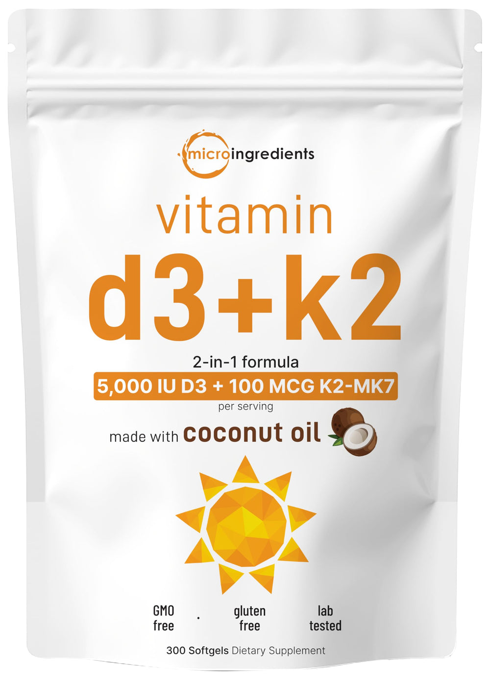 Bottle of Micro Ingredients Vitamin D3 5000 IU + K2 MK-7 100 mcg softgels with virgin coconut oil