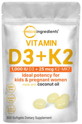 Bottle of Micro Ingredients Vitamin D3 1000 IU and K2 MK-7 25 mcg softgels, 300-count