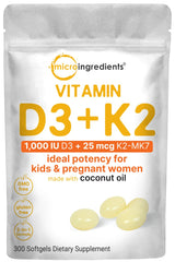 Bottle of Micro Ingredients Vitamin D3 1000 IU and K2 MK-7 25 mcg softgels, 300-count